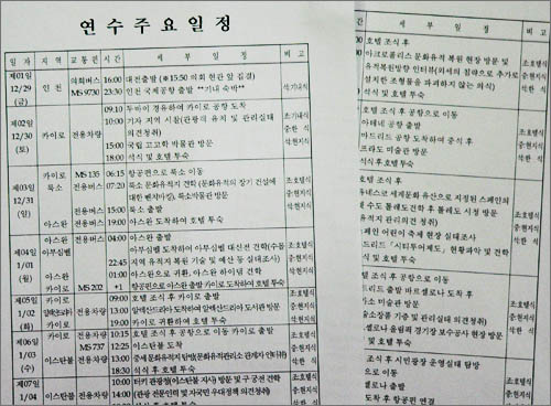 대전시의회 행자위원들과 기자들이 14일 동안 다녀 온 유럽 연수 일정표. 